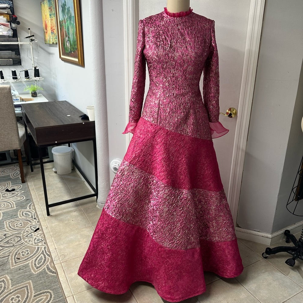 Pink Mock Neck Bishop Sleeve Gown for Weddings